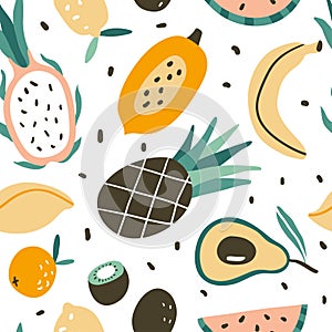 Seamless pattern with hand drawn colorful doodle tropic fruits